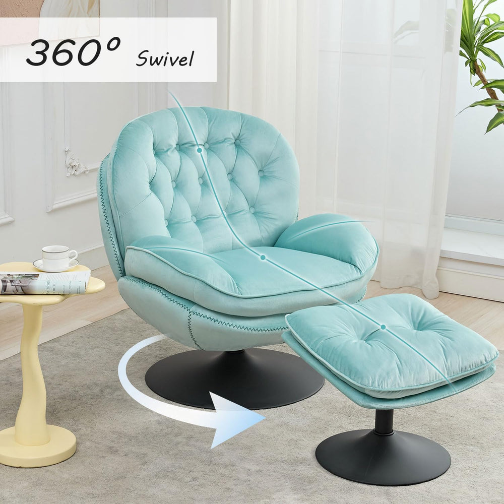 Swivel Accent Chair with Ottoman Set, Velvet Modern Lounge Chair with Metal B...