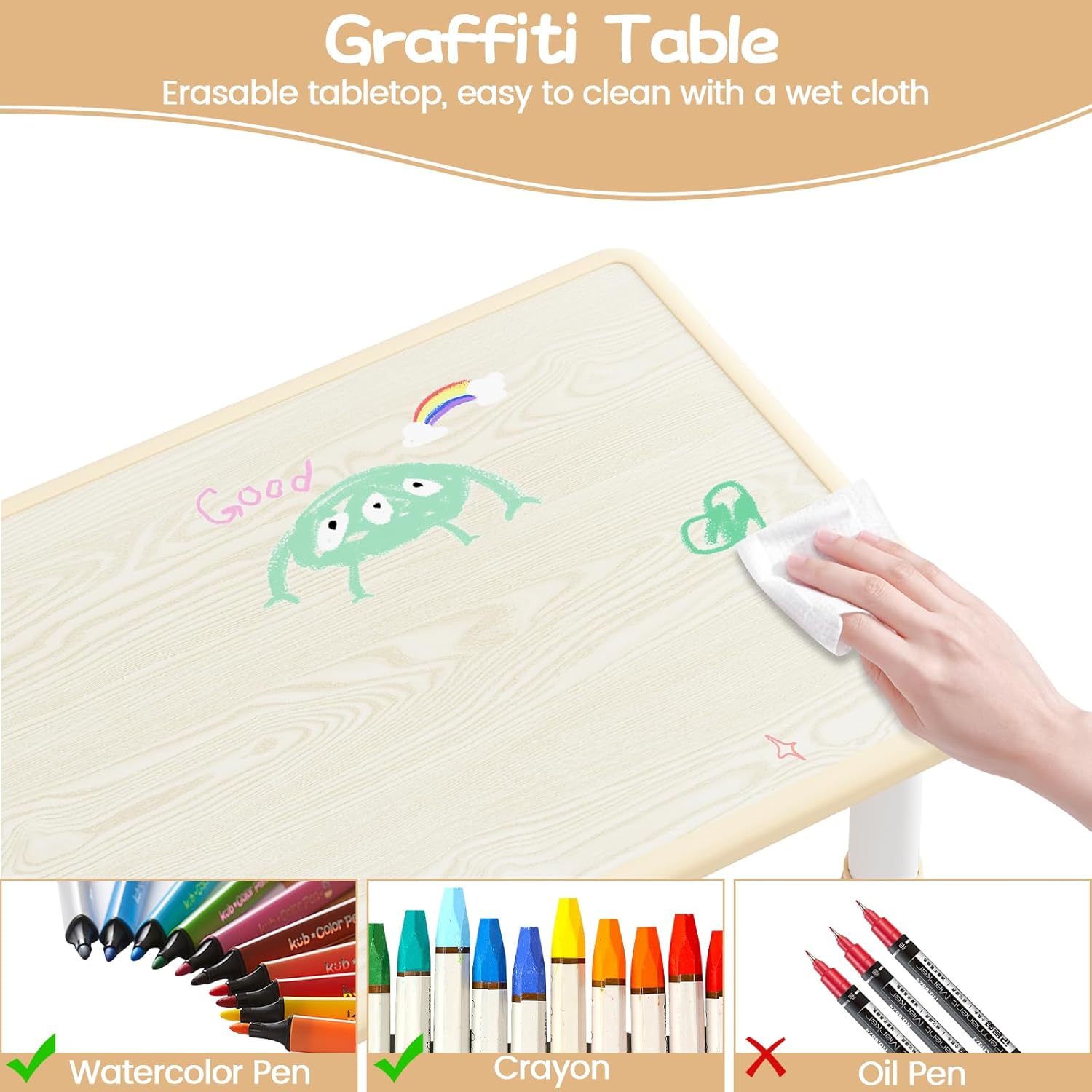 GAOMON Kids Table and 2 Chairs Set with Graffiti Desktop, Height Adjustable Toddler Table and Chairs Set for Reading, Drawing, Playing, Eating