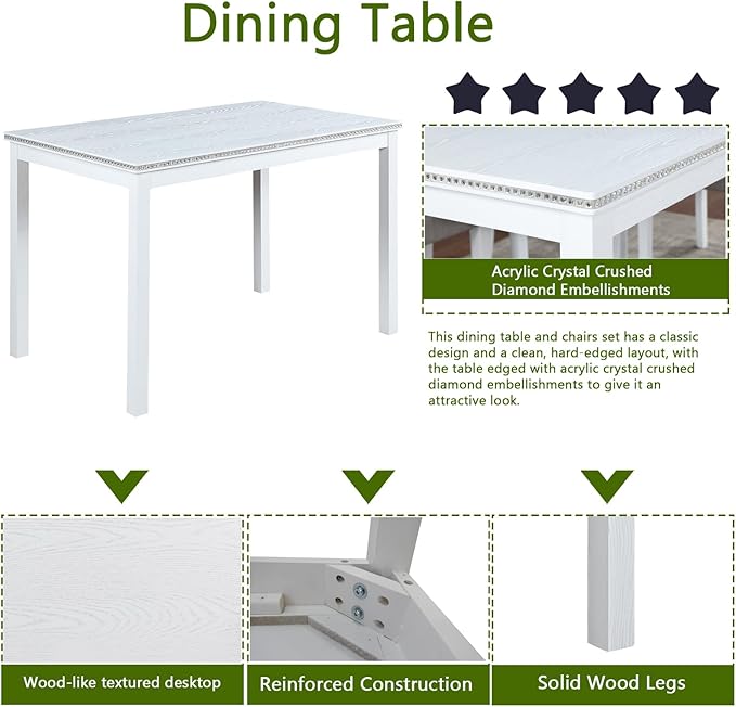 KEIKI 5-Piece Standard Height Dining Table Set with Rectangular Table and 4 Upholstered Chair, for 4 Person, Modern Crystal Decoration Wooden Table Set, Easy Assembly, for Kitchen, Dining Room, White