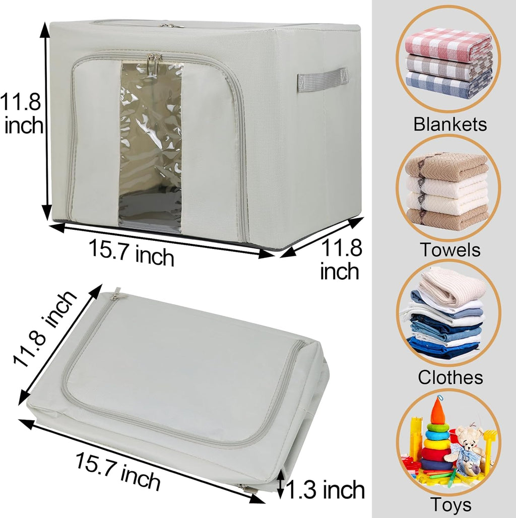 36L Clothes Storage Bins with Metal Frame, 3 Pcs Stackable Clothing Storage Boxes Containers with Lids, Foldable Oxford Fabric Clothes Organizer Bags Closet Organizers Organizing Bin for Sheet