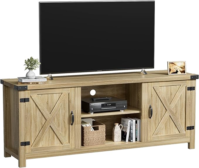 YESHOMY Modern Farmhouse TV Stand with Two Barn Doors and Storage Cabinets for Televisions up to 65+ Inch, Entertainment Center Console Table, Media Furniture for Living Room, 58 Inch, White Oak