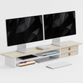 Dual‑Tier Monitor Stand Riser with Drawers, Desktop Organizer Shelf Storage for Computer Screen 2 Monitors, Supports for PC Computer Monitor, Printer, Heavy TV Riser Beige and White