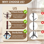 Solid Wooden Coat Rack Stand, Coat Racks Freestanding with 14 Hooks, Natural Birch Wood Coat stands with Sturdy Triangle Base, Coat Hanger Standing for Entryway Bedroom Office (Redwood triangle)