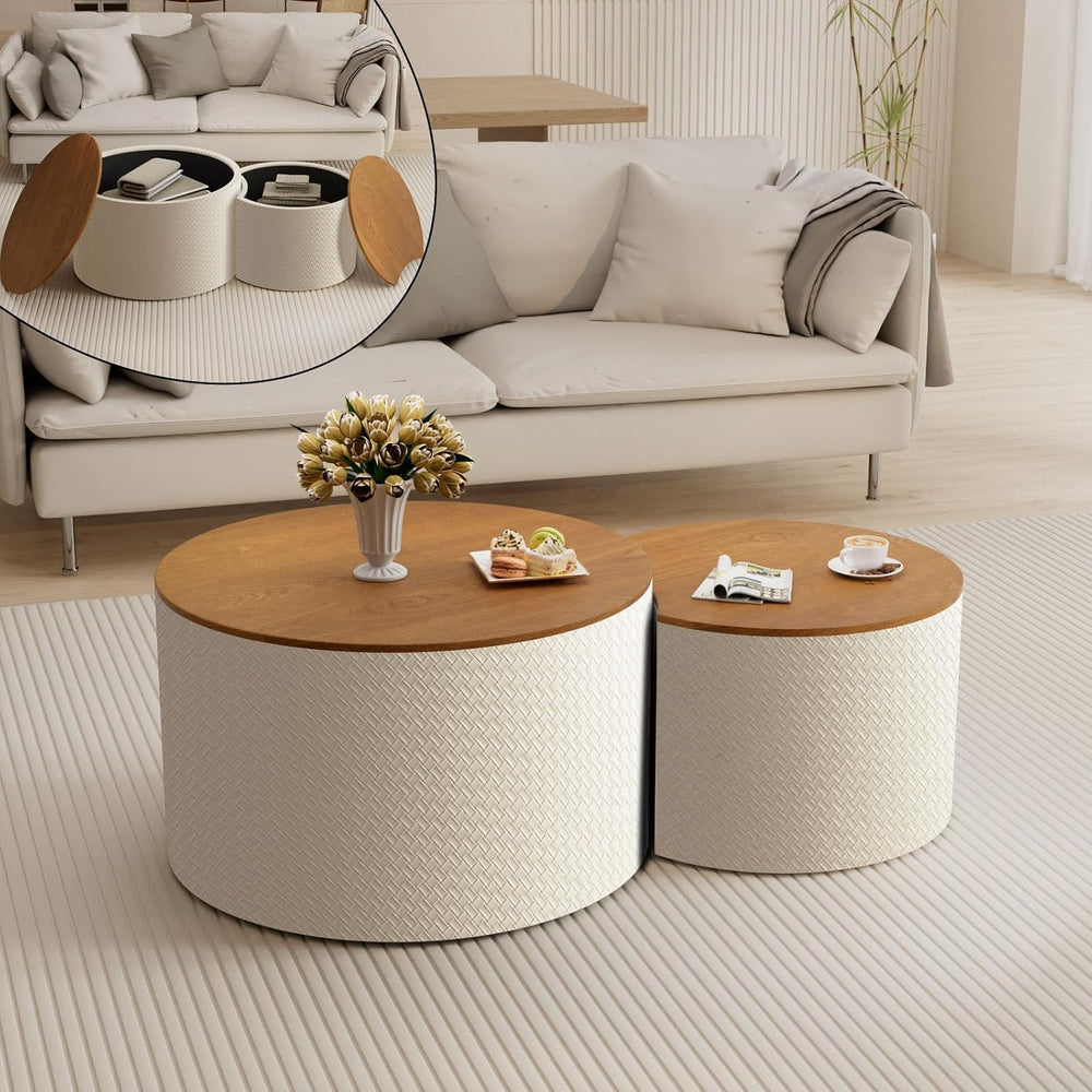 26.8 in White Round Storage Nesting Coffee Table Set of 2 | Modern Round Side...