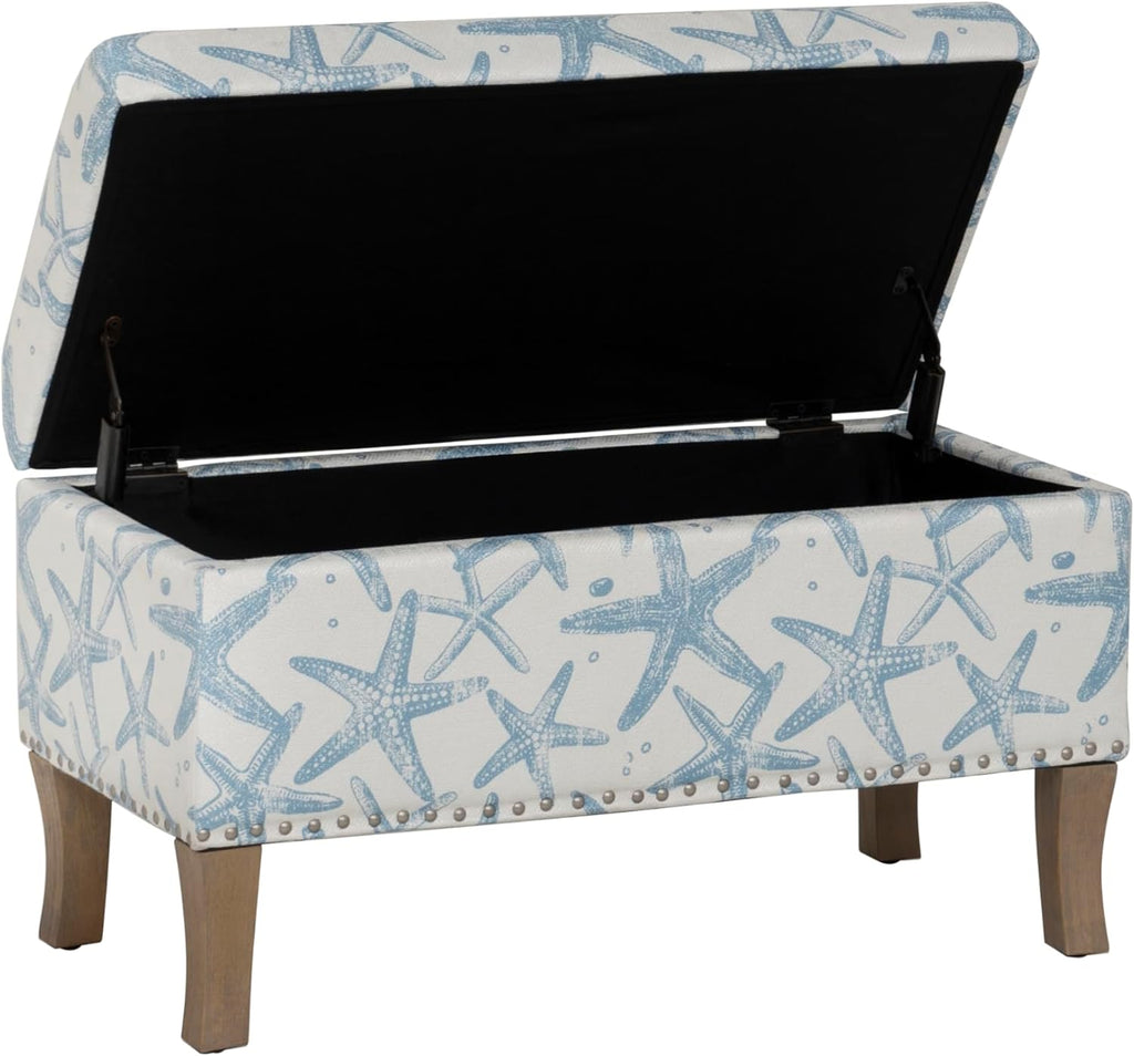 Linon Stephanie Cream and Light Blue Starfish Fully Upholstered Bench with Hidden Interior Storage
