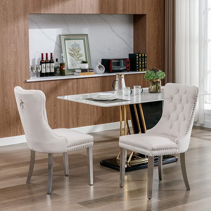 Velvet Dining Chairs Set of 2, Upholstered Dining Room Chairs with Back Ring Pull Trim and Sliver Stainless Steel Legs,Tufted Wingback Chair Perfect for Dining Room,Living Room,Kitchen(Beige)