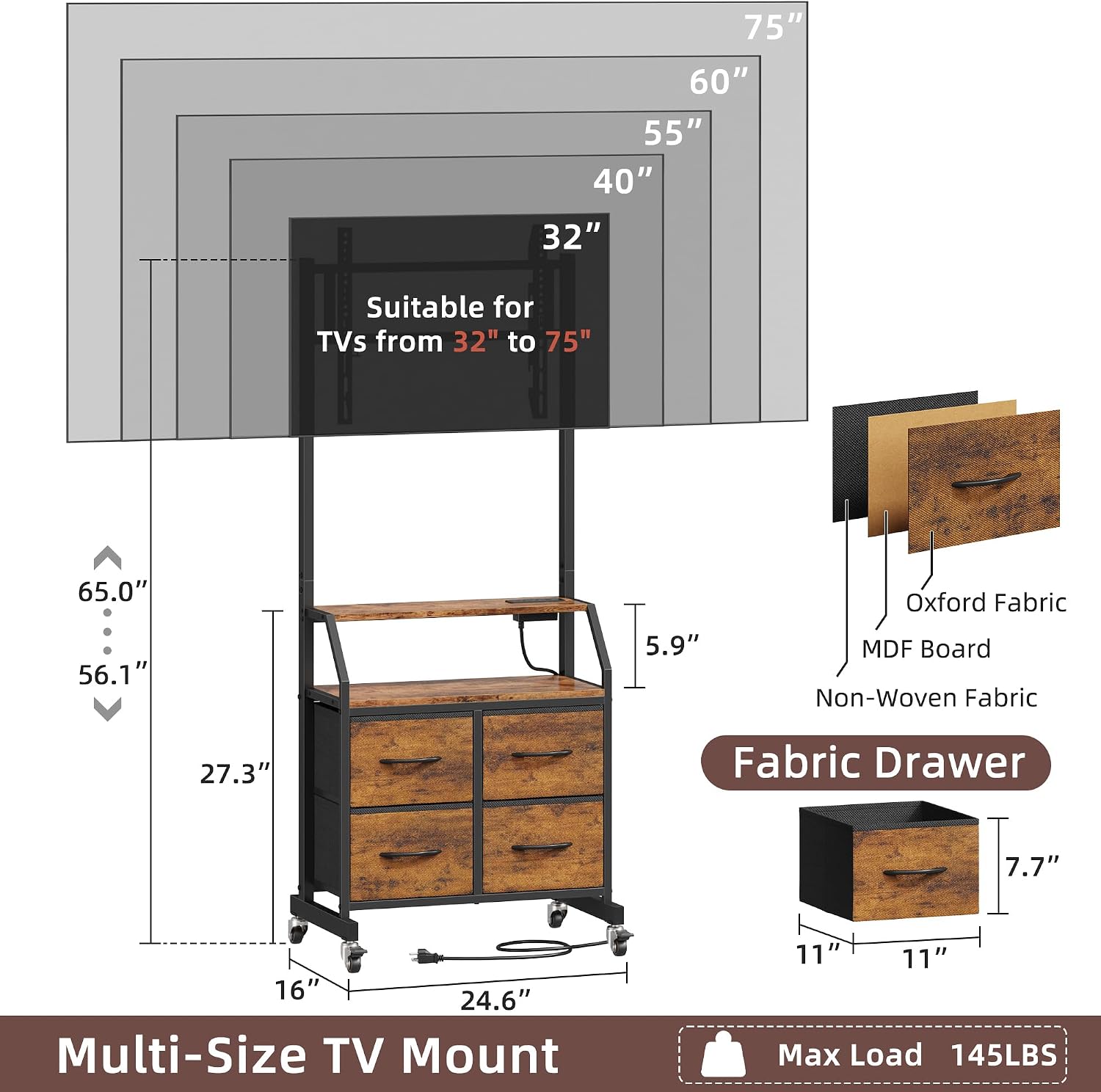 GYIIYUO Rolling TV Stand with Mount & 4 Fabric Drawers for 32-75 inch TVs | Holds up to 145 lbs with lockable rolling wheels, built-in 2 AC outlets and USB charging, great for apartments and bedrooms