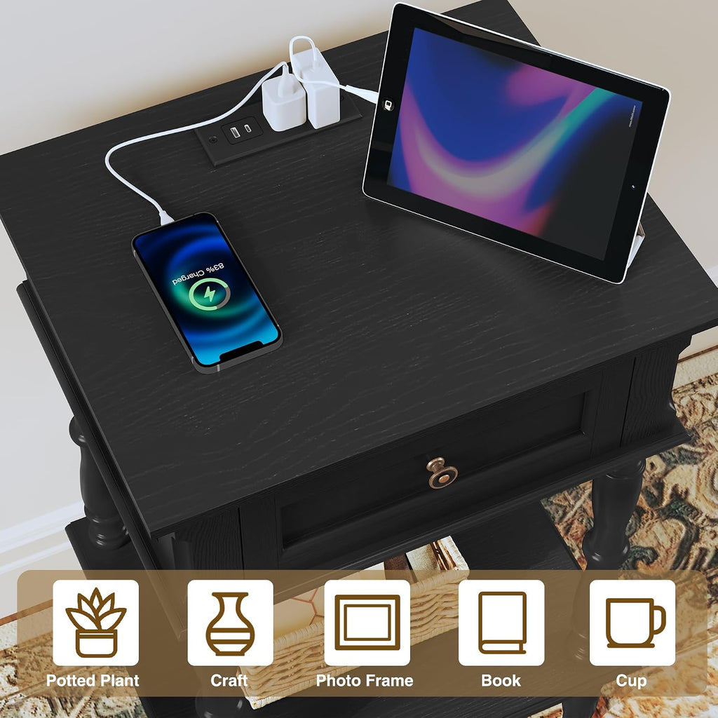 ARTPOWER Nightstands Set of 2 with Charging Station & Storage Shelf, Black | Small Retro Wood Beside Table for Bedroom, Living Room, Tree-Veneer, Minimal Assembly
