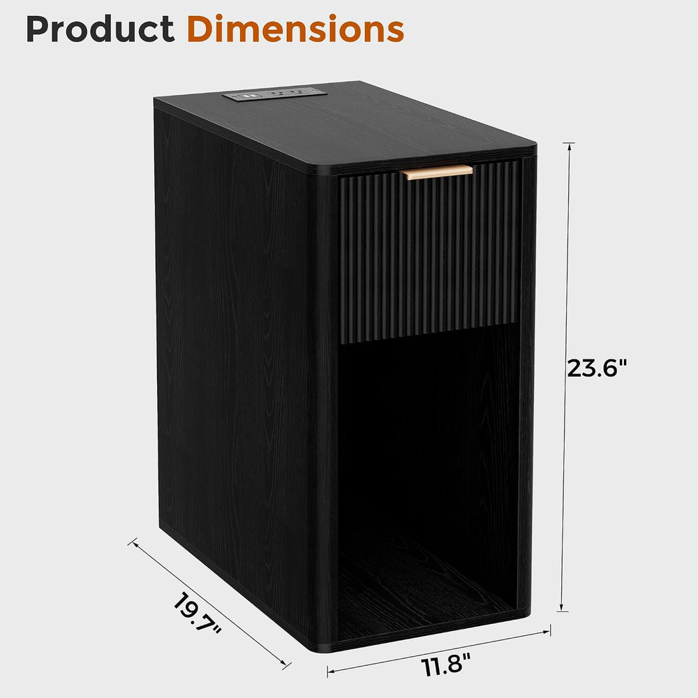 Homleke Narrow End Table with Fluted Drawer and Charging Station, Small Night...