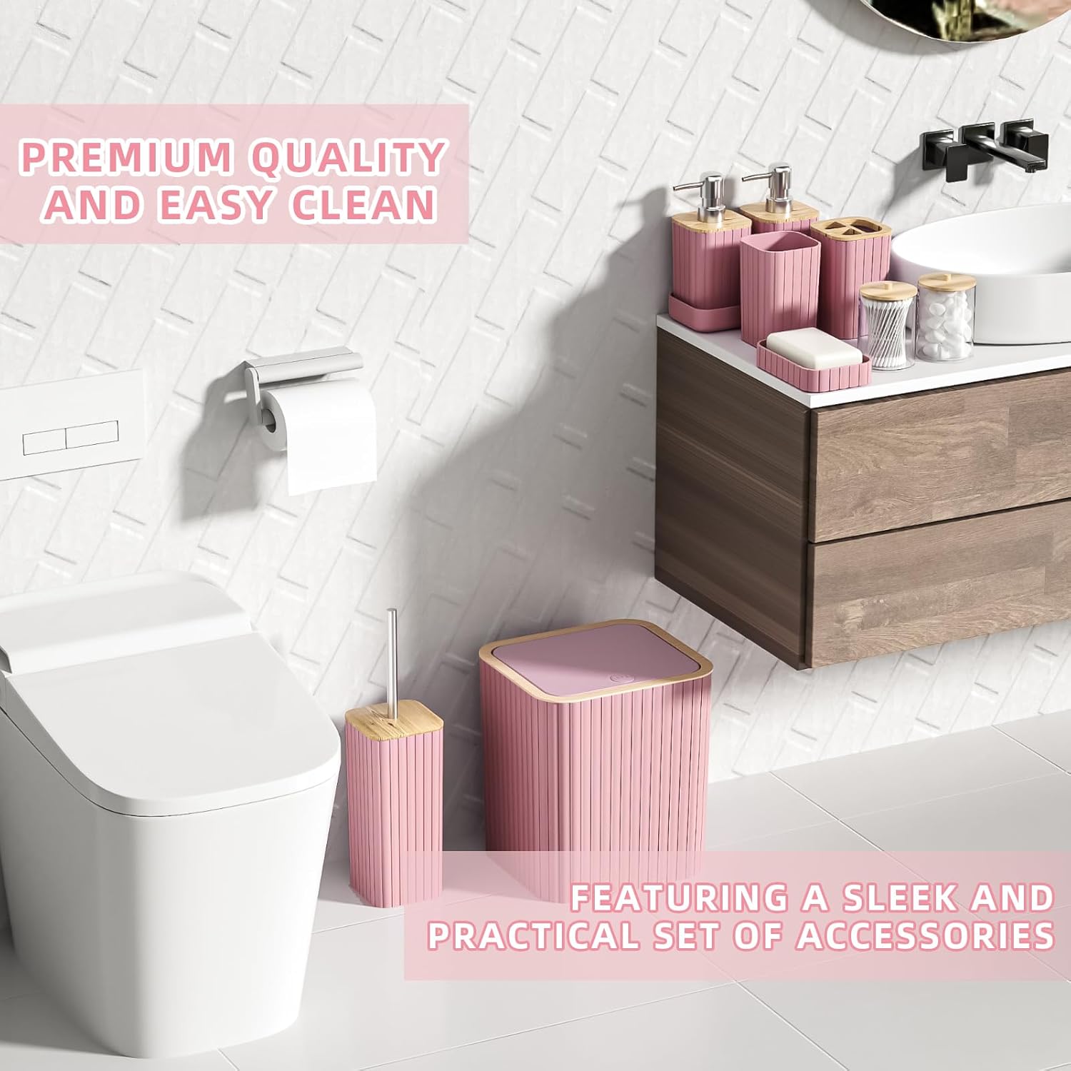 Bathroom Accessories Set - 25PC Pink Bathroom Set, Bathroom Set with Shower Curtain and Rugs, Pink Shower Curtain Set, Toilet Brush, Bathroom Trash Can