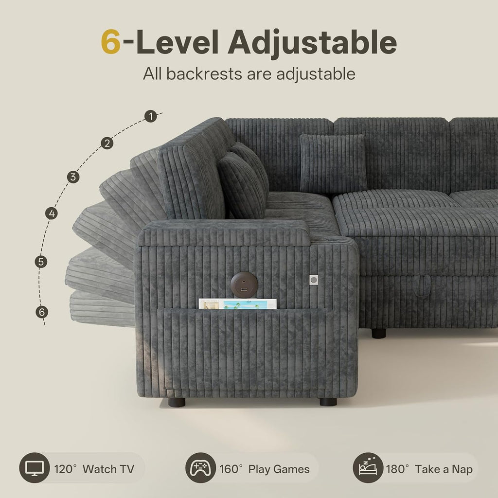 100" Modular Sectional Sleeper Sofa with Pull Out Bed, 7 Seat Corduroy U Shaped Couch with Storage Chaise|Reclining Backrest|Side Table|USB Port, Cloud Sectional Couches for Living Room, Dark Grey