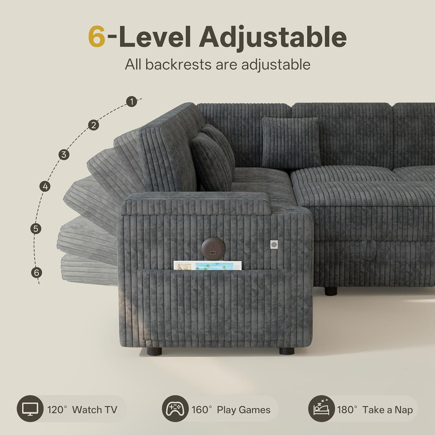 100" Modular Sectional Sleeper Sofa with Pull Out Bed, 7 Seat Corduroy U Shaped Couch with Storage Chaise|Reclining Backrest|Side Table|USB Port, Cloud Sectional Couches for Living Room, Dark Grey