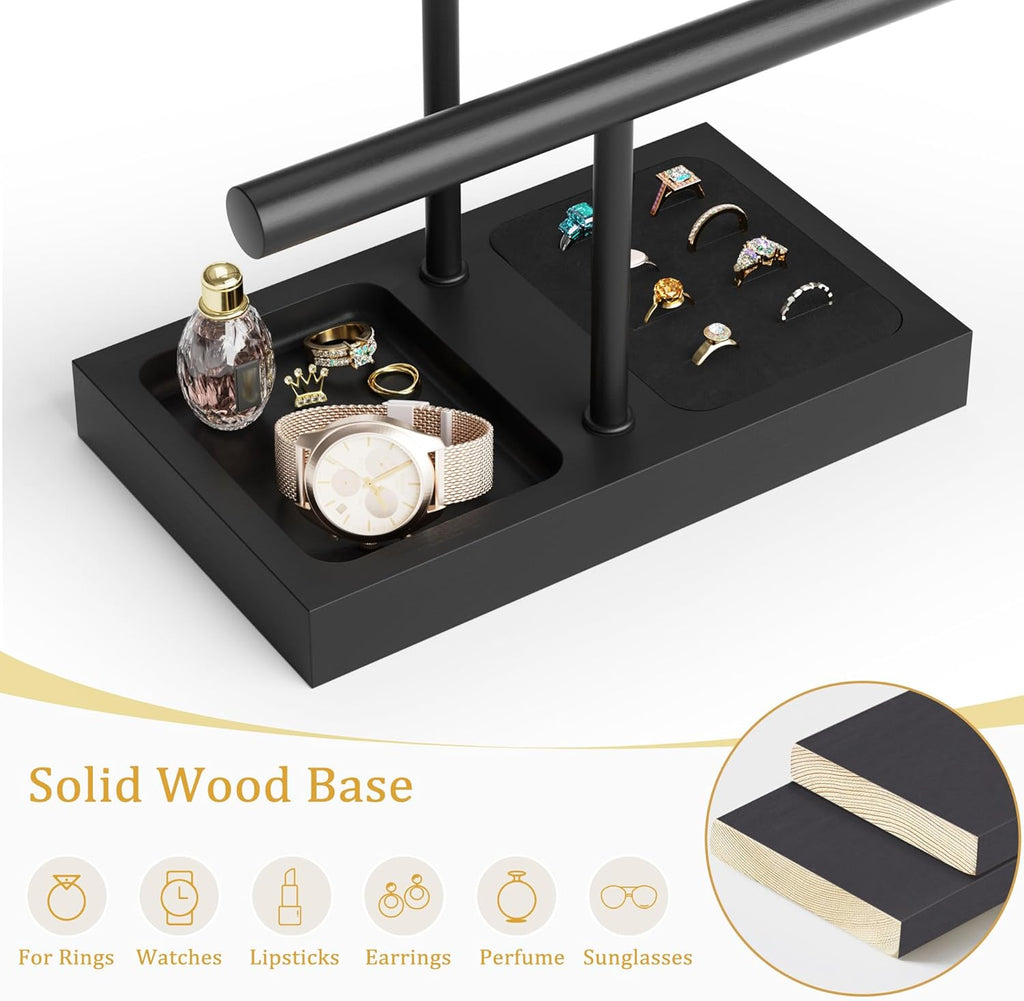 SZQINJI Jewelry Holder Organizers Bracelet Holder Display Stand, Solid Wood Base with 2 Tier Metal T-bar for Bracelet Wristband Bangle Watch Necklace Hanging, Black, Christmas Gift