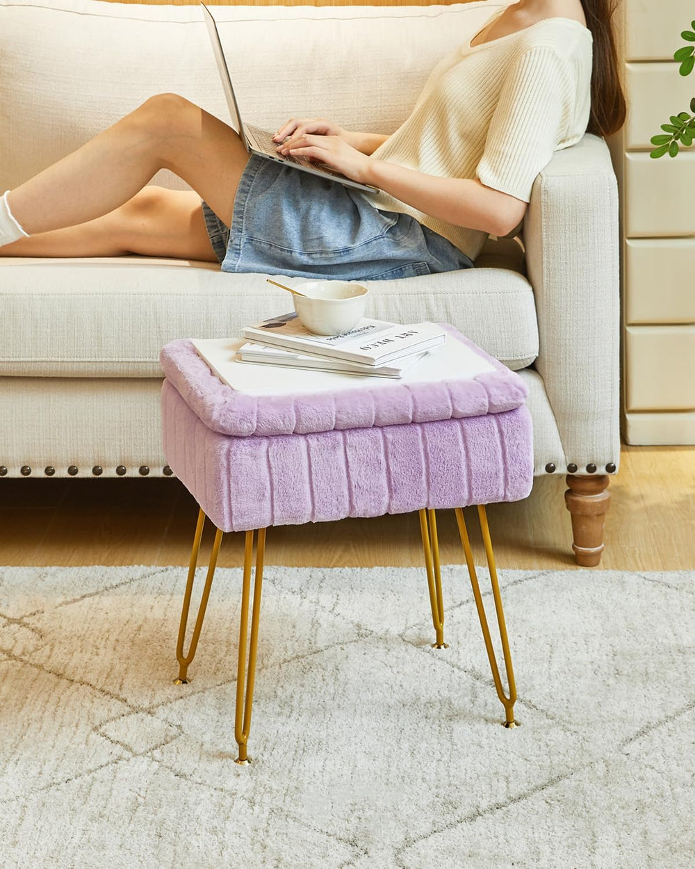 IBUYKE Vanity Stool Chair with Storage, Faux Fur Ottoman, Purple LG-50V | Foo...