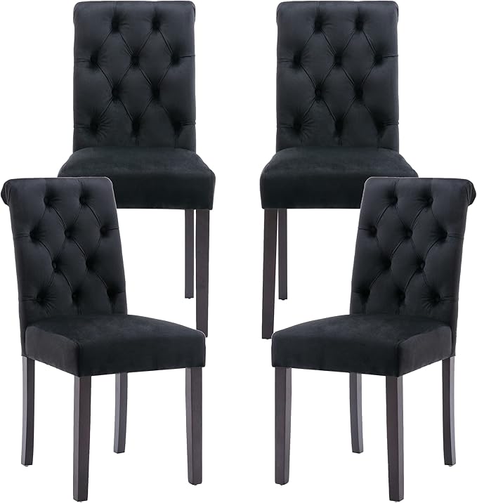 Velvet Dining Chairs Set of 4 Upholstered Dining Room Chairs Modern Tufted Accent Chairs Wooden Parsons Side Chairs for Home Kitchen Resturant, Black