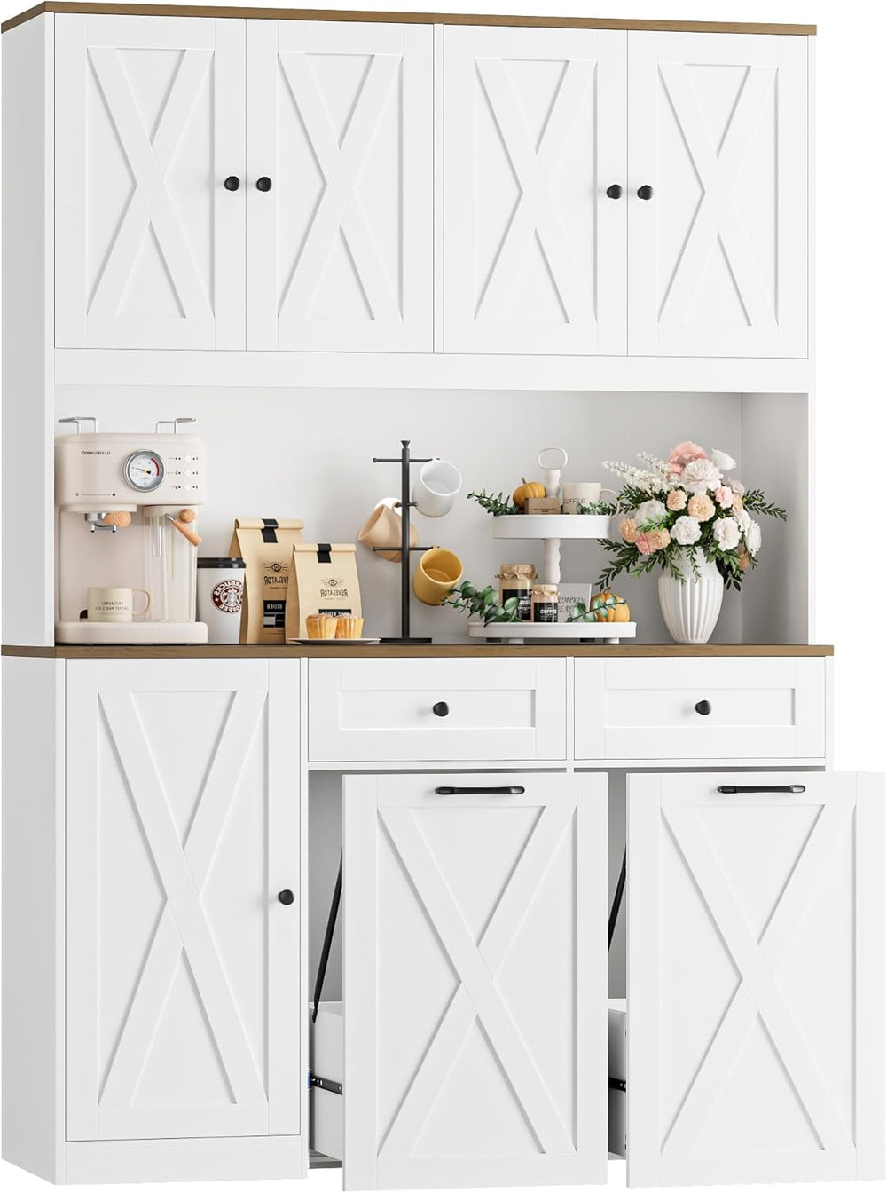 HOSTACK 71" Kitchen Pantry with 12.5 Gallon Double Trash Can Cabinet, Wh...