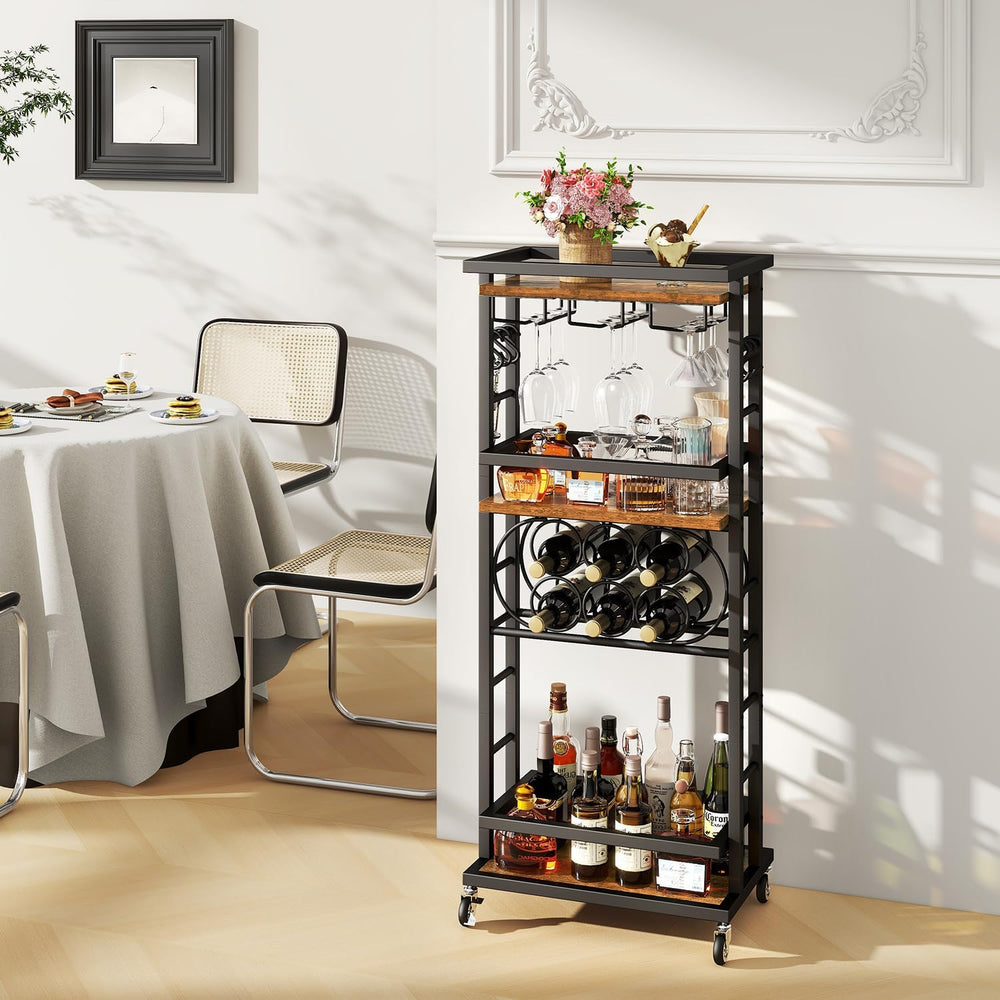IBUYKE 4-Tier Wine Rack with Wheels,Bar Cart,Brown TMJ912H | Wine Car Cabinet...