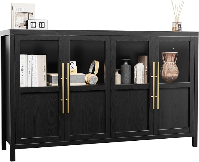 GarveeHome Sideboard Buffet Cabinet with 4 Glass Doors, 55" Buffet Table Coffee Bar Wine Bar Display Cabinet for Kitchen Dining Room, Living Room (Dark, Glass with 4 Doors)