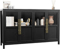 GarveeHome Sideboard Buffet Cabinet with 4 Glass Doors, 55" Buffet Table Coffee Bar Wine Bar Display Cabinet for Kitchen Dining Room, Living Room (Dark, Glass with 4 Doors)