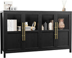 GarveeHome Sideboard Buffet Cabinet with 4 Glass Doors, 55" Buffet Table Coffee Bar Wine Bar Display Cabinet for Kitchen Dining Room, Living Room (Dark, Glass with 4 Doors)