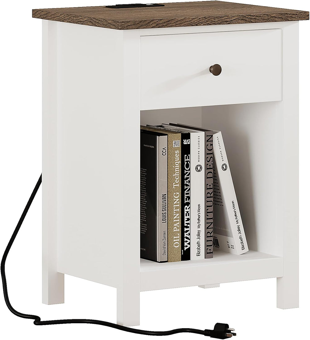 ChooChoo Farmhouse Nightstand with Charging Station | Wooden Top Bedside End ...