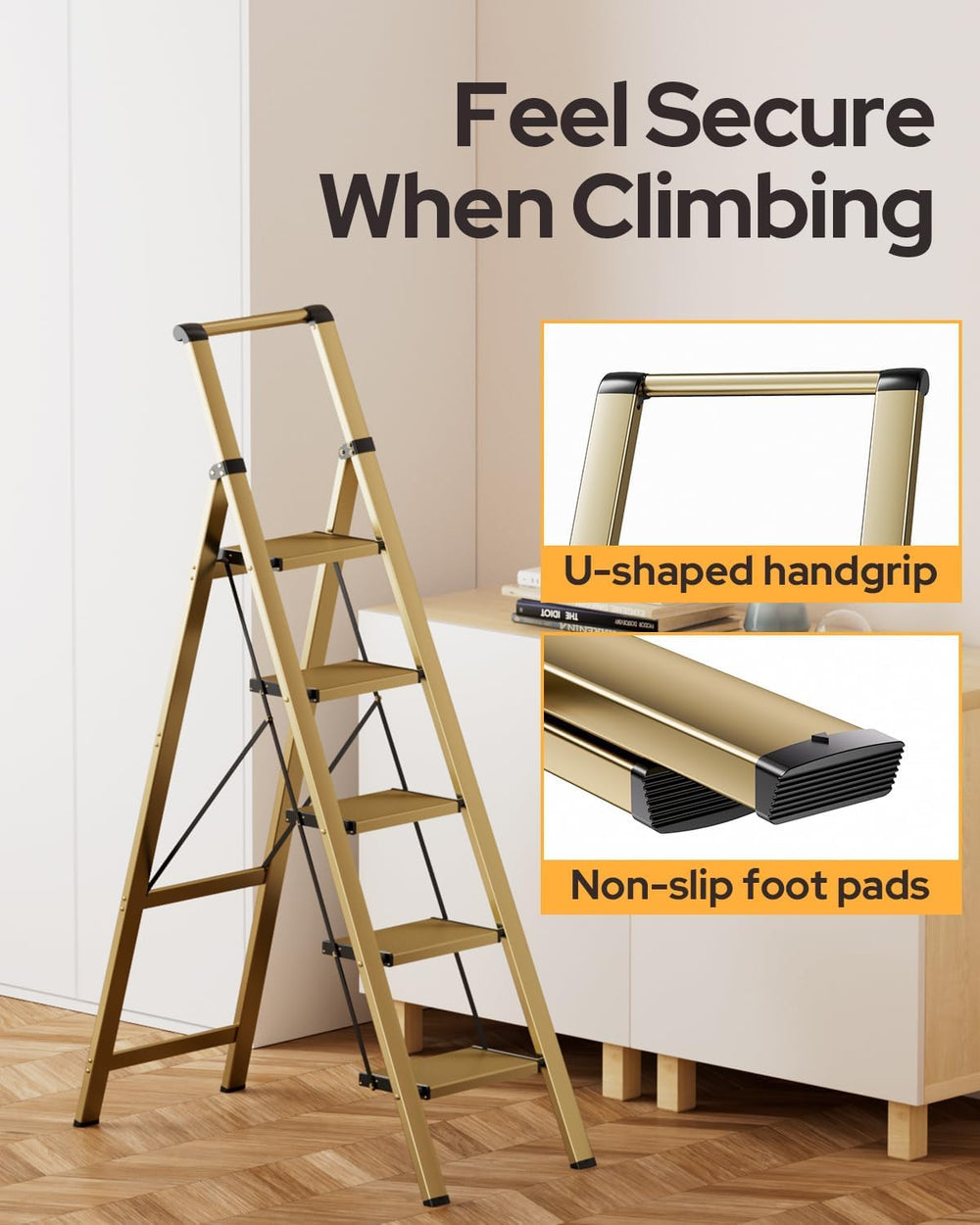 5 Step Ladder, Foldable 5 Step Stool, Gold