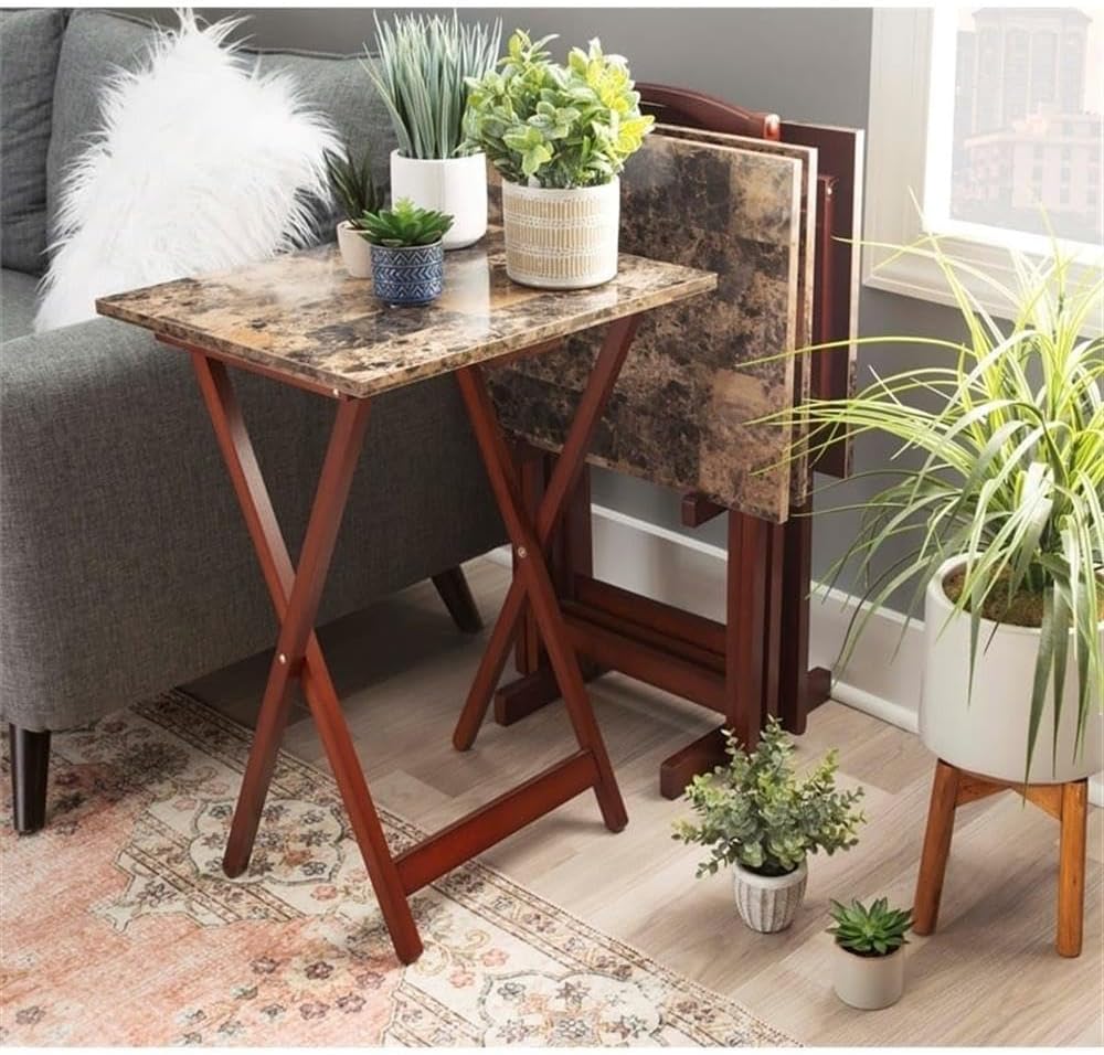 Riverbay Furniture 5 Piece TV Tray Table Set, Faux Marble Tops, Rubberwood an...