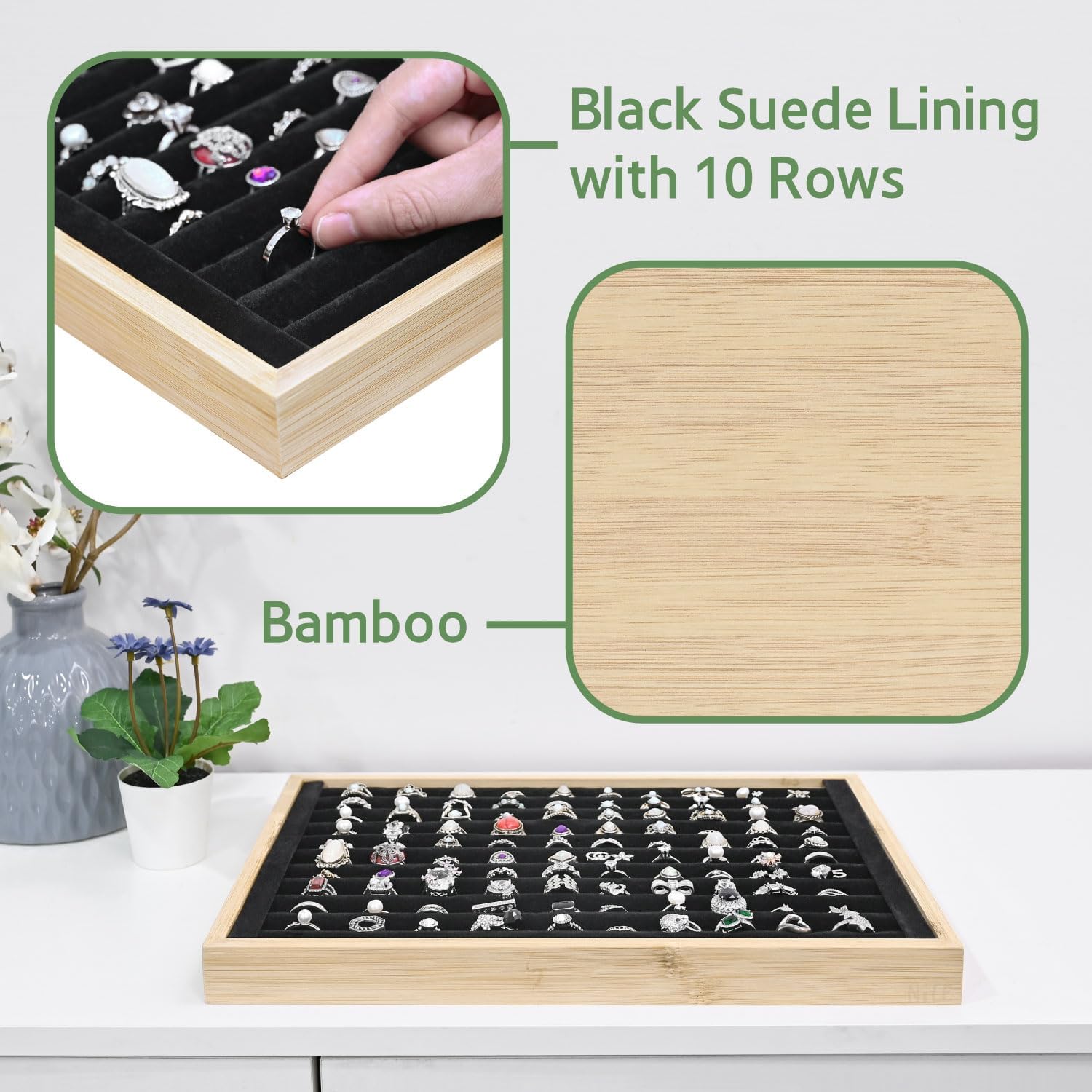 MOOCA 2 Pcs Bamboo Ring Display Tray Set with Black Suede Lining, Ring Organizer for Jewelry Storage and Display, Beige Color, 14W x 9.7D x 1.2H in