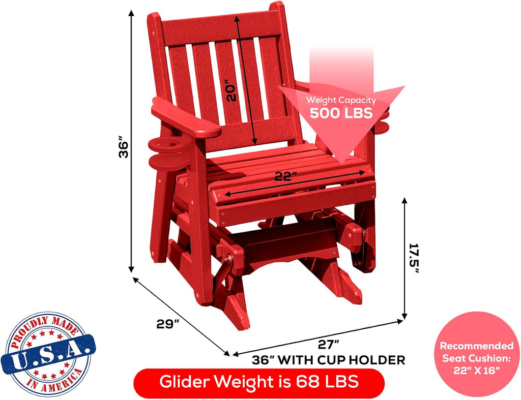 Amish Craftsmanship Made in USA 2FT Heavy Duty Poly Lumber Wood Porch Glider Premium Colors HDPE with No wood fibers Mission English Series design 500 lbs Limit With Cupholders Solid-Red