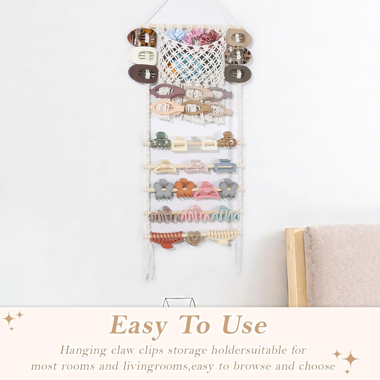 SNOWSTAR Macrame Hair Claw Clip Organizer,Large Capacity Mesh Bag Scrunchies Holder and Hair Ties Organizer for Women Girls,Hair Accessorie Hanging Storage Home Decor Wall,Door