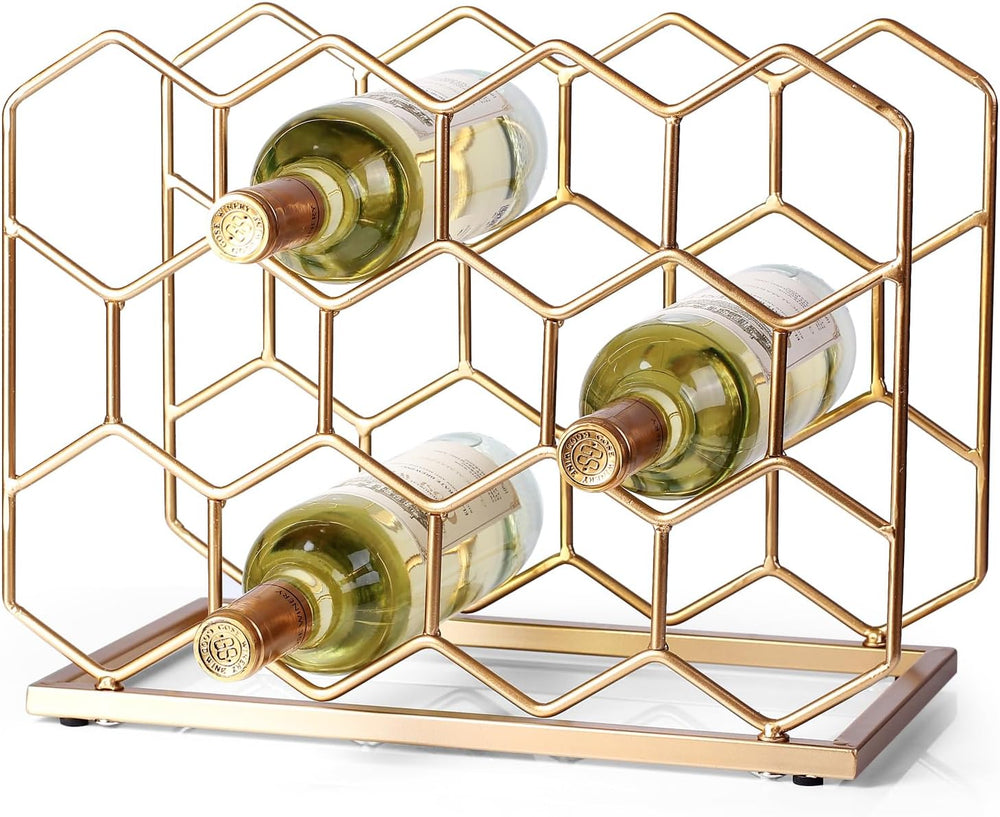 14 Bottle Countertop Wine Rack - Freestanding Modern Gold Metal Wine Rack - T...