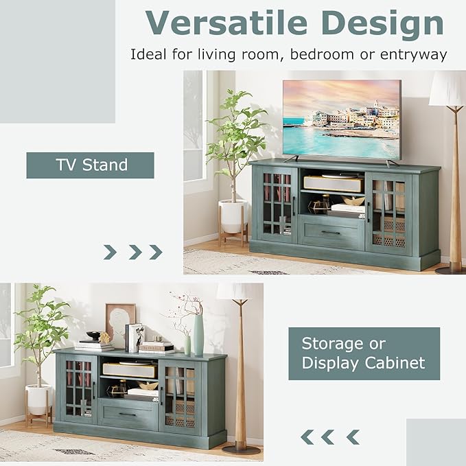 GOFLAME Farmhouse TV Stand for TVs up to 70", Entertainment Media Center Storage Cabinet with Glass Doors, Open Shelves & Drawer, Wooden Television Console Table for Living Room (Teal Blue)
