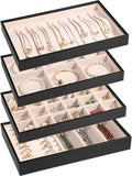 LANDICI Stackable Jewelry Organizer Trays 4 Set,PU Leather Jewelry Organizer Drawer,Jewelry Storage Display Tray for Earring Necklace Rings Bracelet with Removable Dividers,Black
