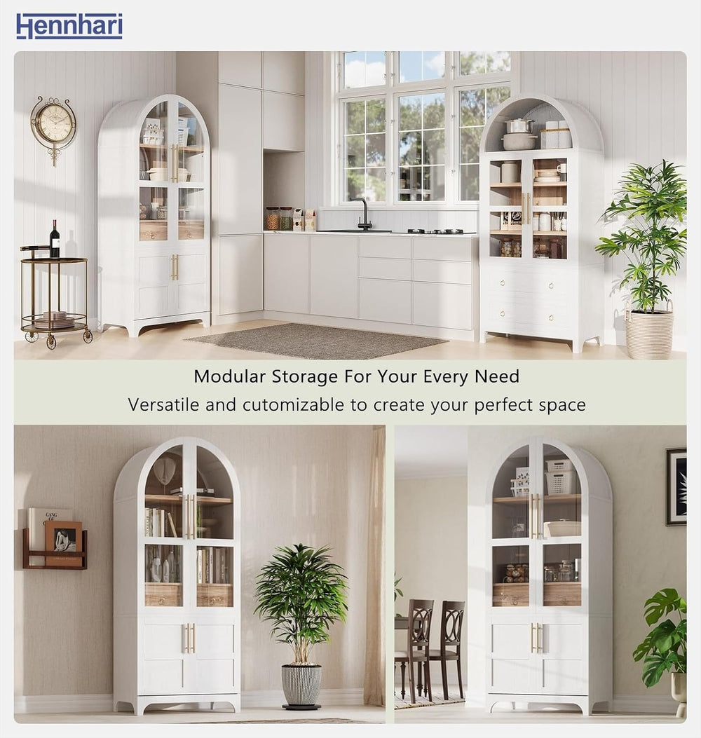 71" Tall Storage Cabinet with Arched Glass Doors, Pantry Cabinet with So...