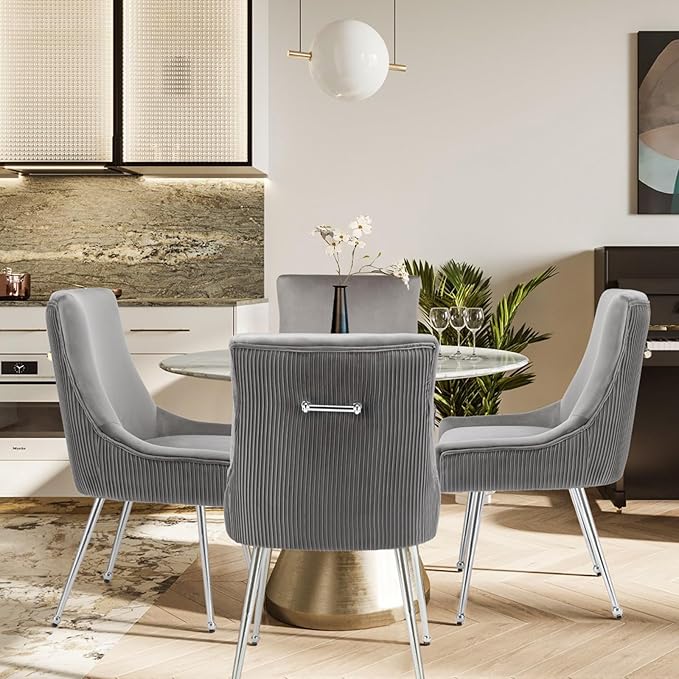 Velvet Dining Chairs Set of 6 with Silver Metal Legs, Modern Upholstered Kitchen Chair with Pull Handle & Pleated Back, Mid Century Accent Chair for Vanity,Dining,Kitchen,Living Room, Grey