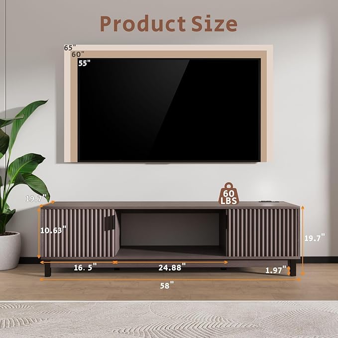 TV Stand with Power Outlet for 65 Inches TV, Luxury Mid Century Modern TV Console Media Entertainment Center with Storage Cabinets and Open Shelves for Living Room Bedroom - 58" Mocha