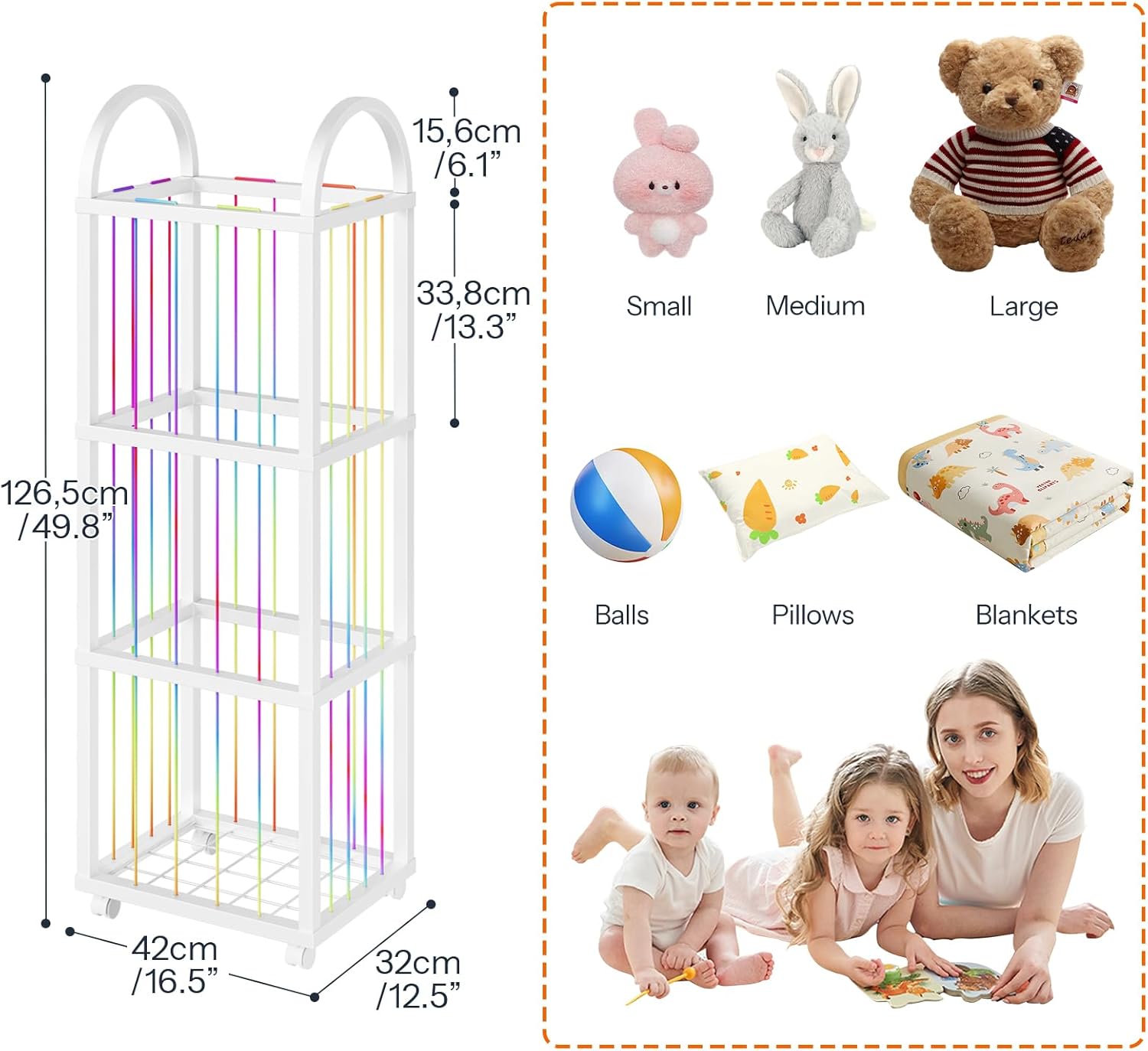 HOOBRO Stuffed Animal Storage, Kids Toy Zoo Storage Organizer with Wheels and Elastic Band, Large Stuffed Animals Holder for Nursery, Playroom, Living Room, White WT128CW01