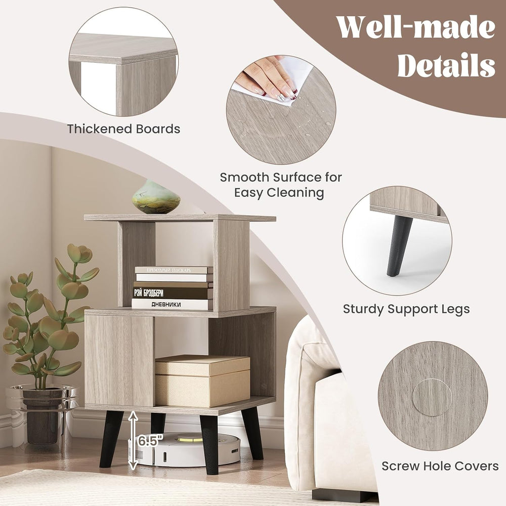 GOFLAME 3-Tier End Table Set of 2, Wood Sofa Side Table with Open Storage She...