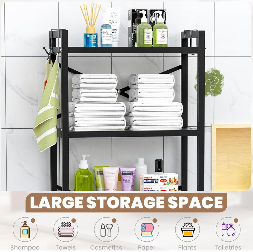 ZZL Over The Toilet Storage,3-Tier,Bathroom Toilet Organizer,Multifunctional Space Saver Freestanding Bathroom Shelves with 4 Hooks,Black