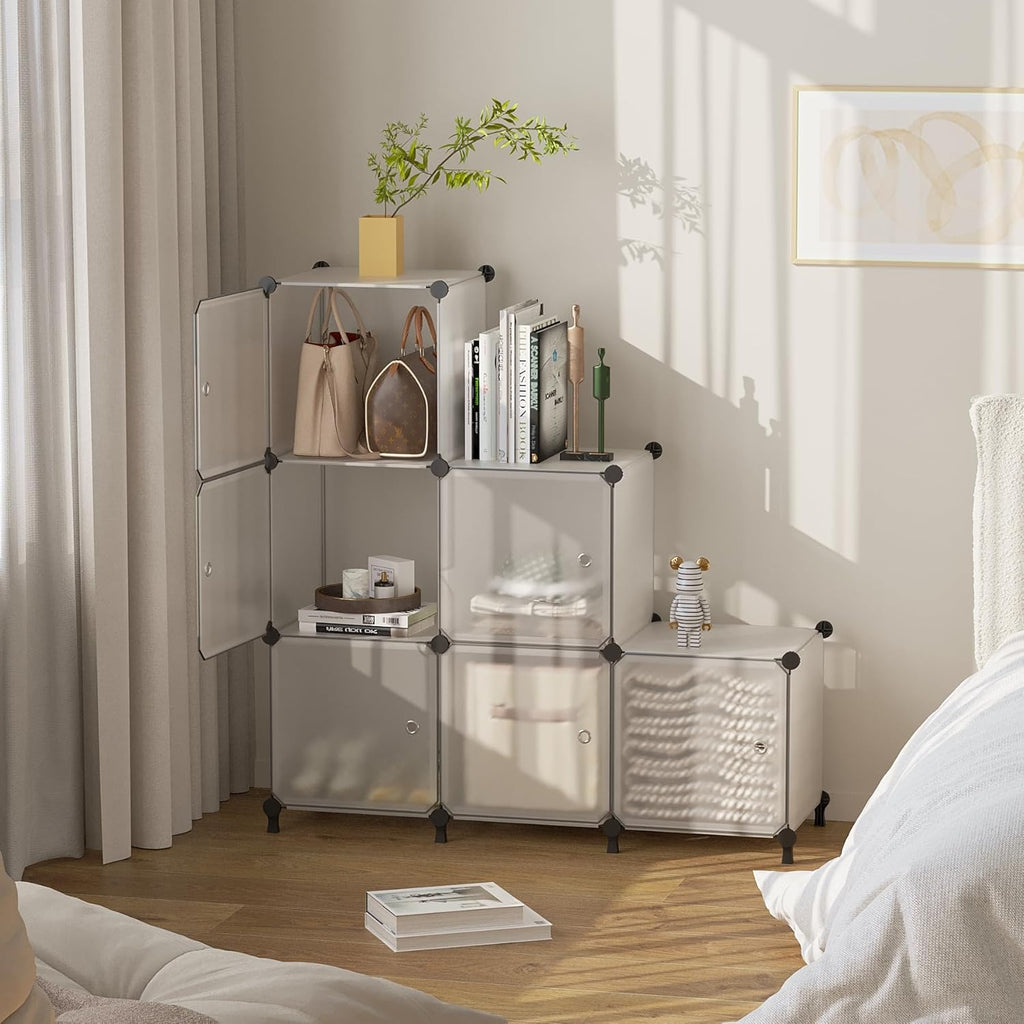 Cube Storage Organizer, 6-Cube Shelves Unit with Doors, DIY Stackable Plastic Clothes Organizer for Bedroom and Under Stairs Storage Unit, 30 x 30 x 30 cm Frosted White ATTSL6003
