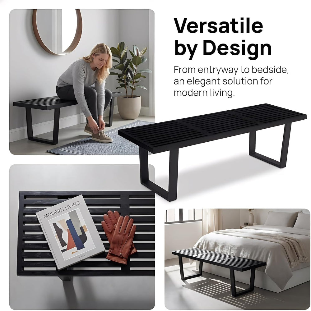 55" Black Wood Entryway Bench, Industrial End of Bed Bench for Bedroom, ...