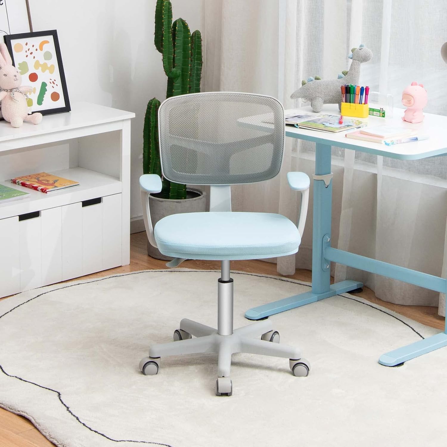 Costzon Kids Desk Chair, Adjustable Children Study Computer Chair with Arms & Wheels, Student Swivel Rolling Task Chair, Ergonomic Kids Office Chair for Boys Girls Age 4-12, Home Bedroom School, Blue