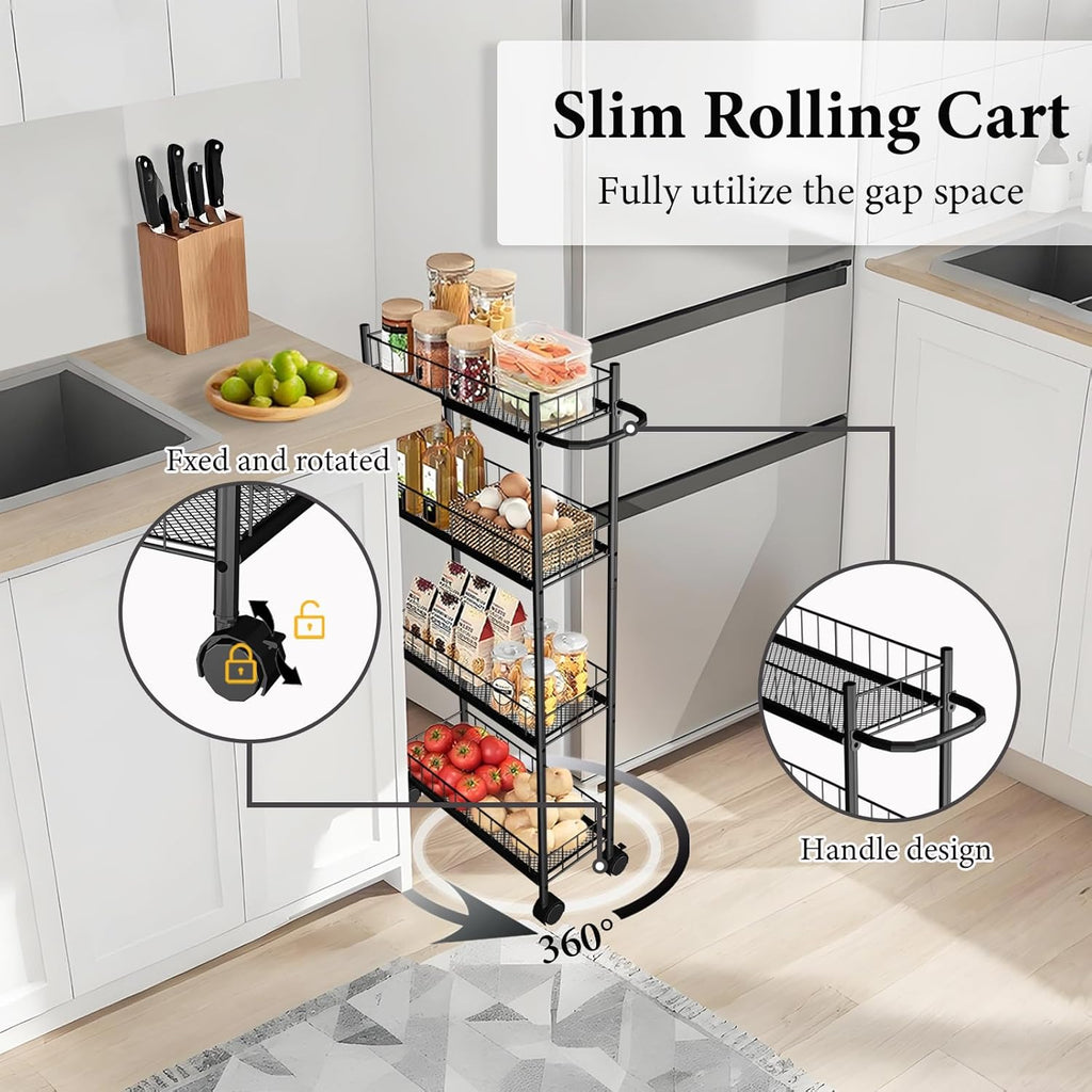 Utility Slim Storage Cart, 4-Tier Storage Cart, Narrow Cart with Handle, 7.1 Inches Deep, Metal Frame, for Kitchen, Dining Room, Living Room, Home Office, Rustic Brown and Classic (4 Tier Black)
