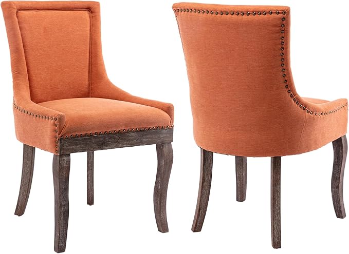 Modern Dining Chairs Set of 2, High Back Dining Chairs Side Chairs with Solid Wood Legs, Upholstered Fabric Dining Room Chairs for Dining Room Kitchen, Orange