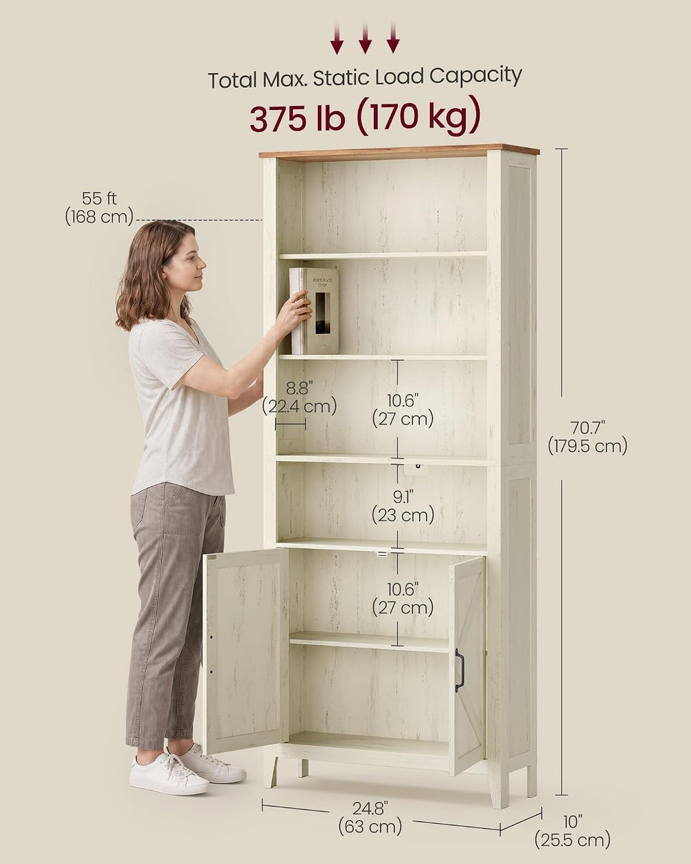 VASAGLE Farmhouse Bookshelf, 6-Tier Bookcase with Doors
