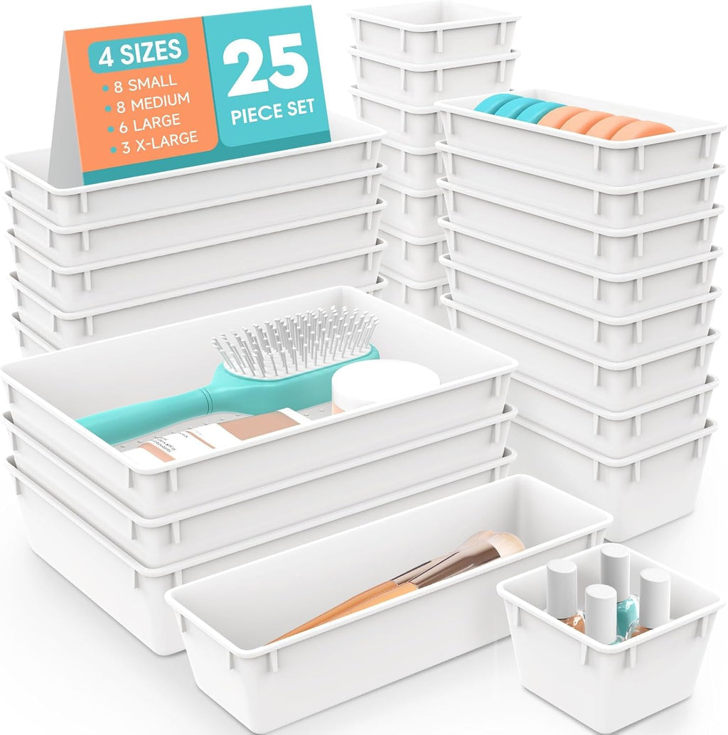 25 PCS Plastic Drawer Organizer Set, 4-Size Versatile Organizer Trays & storage Bins for Makeup, Jewelry, and Gadgets in Bathroom, Bedroom and Office, White