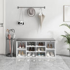 Shoe Storage Bench with Cushion, 41'' Long Entryway Bench with 10 Compartments Shoe Rack, Multifunctional Cubby Storage Organizer for Living Room, Hallway, Bedroom and Closet, White