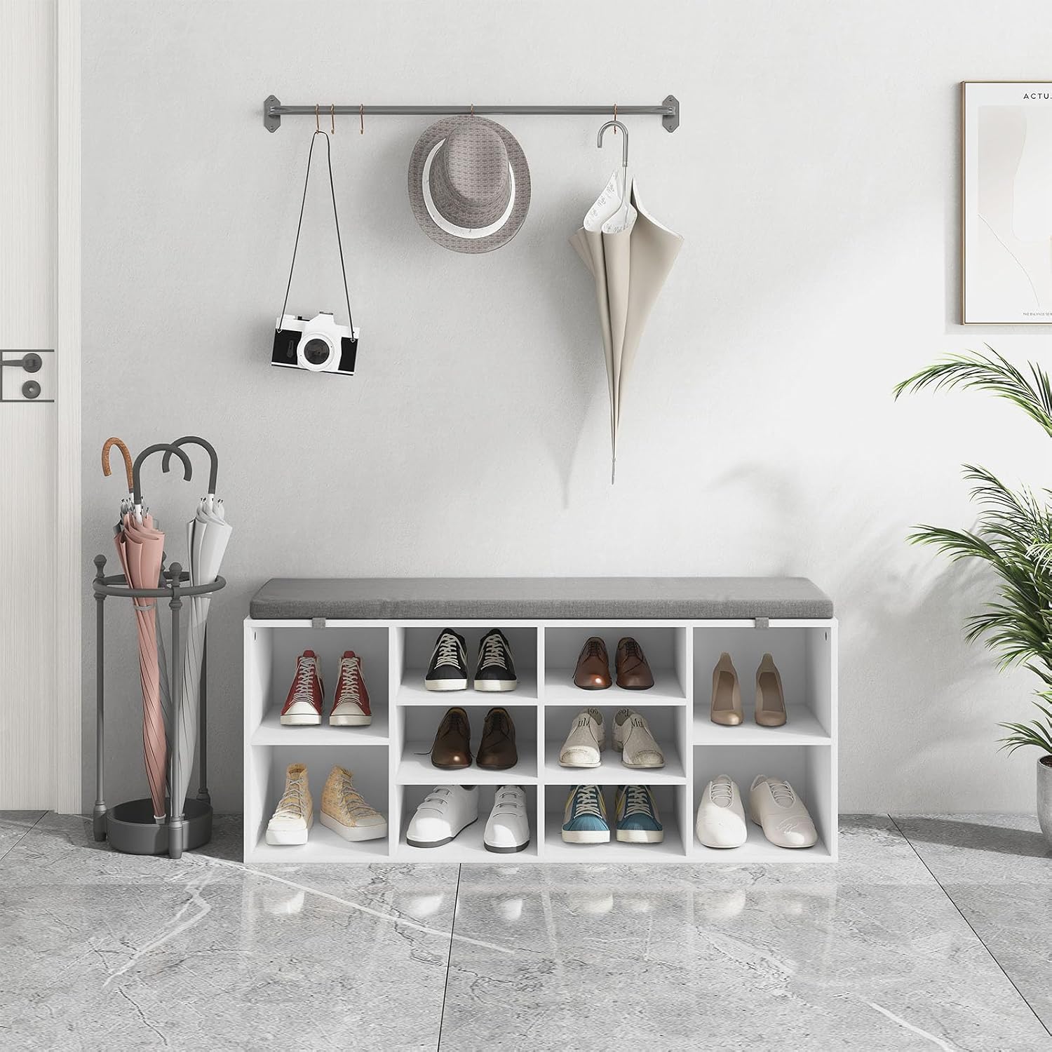 Shoe Storage Bench with Cushion, 41'' Long Entryway Bench with 10 Compartments Shoe Rack, Multifunctional Cubby Storage Organizer for Living Room, Hallway, Bedroom and Closet, White