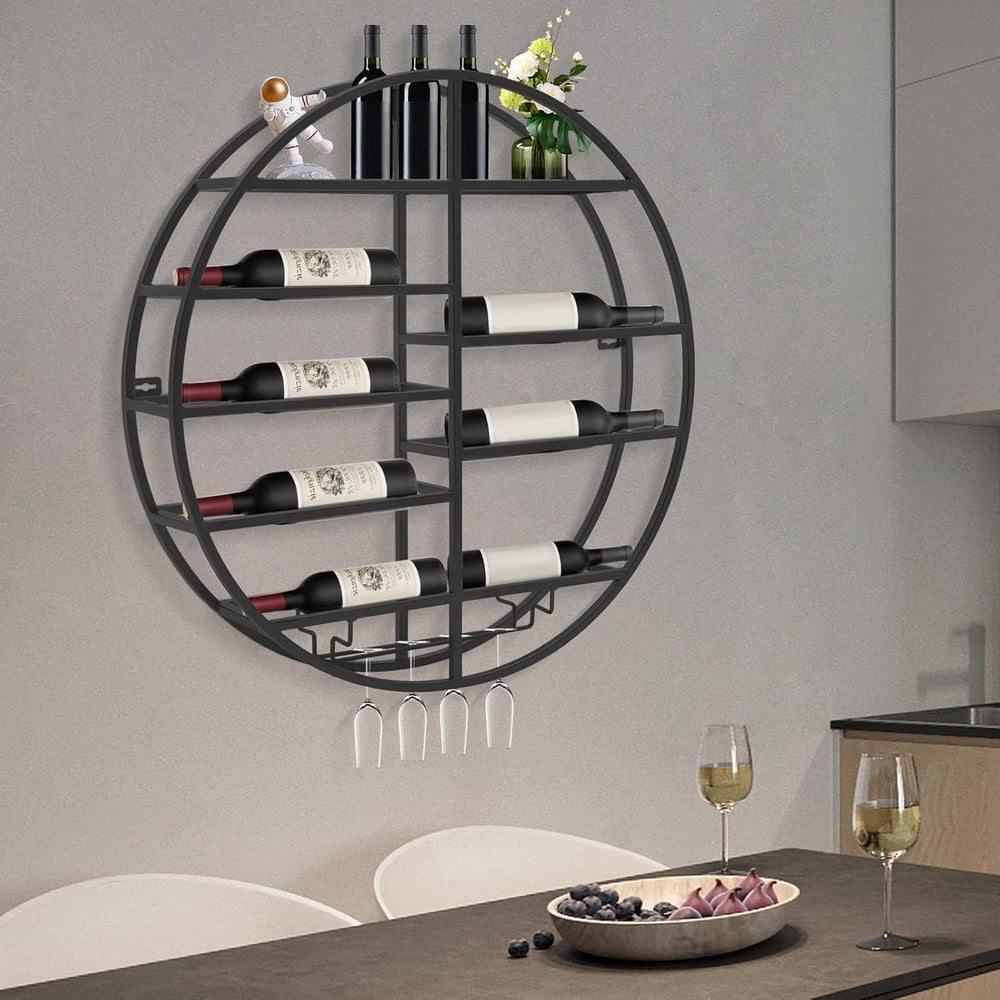 23.6 Inch Wall Mounted Wine Rack w/Glass Holder, Round Iron Wine Shelf, 7 Bot...