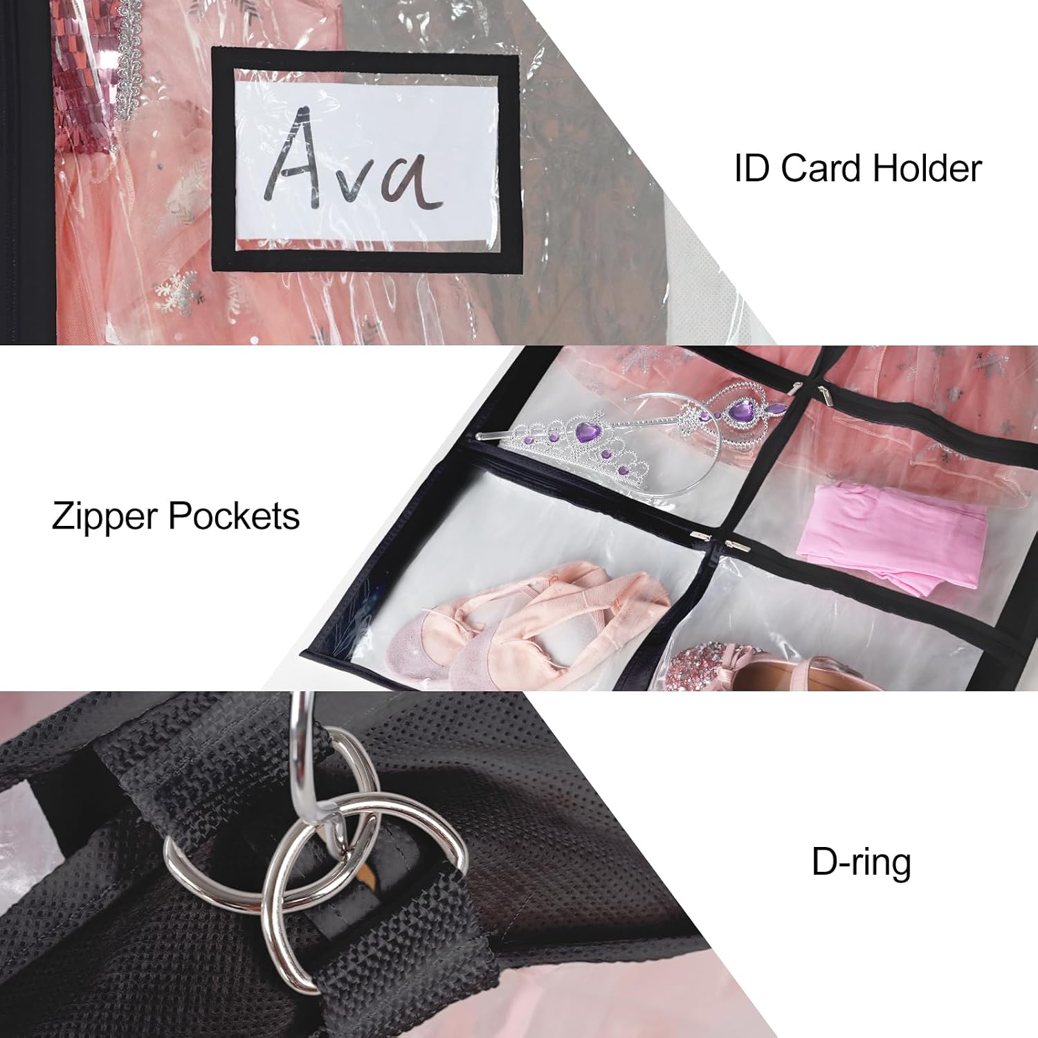 Univivi 40 Inch Dance Costume Garment Bags for Dancers, Black, 2 Pack | Breathable Fabric, Clear PVC Window, 4 Clear and 1 Back Zip Pocket, Foldable Costume Bag for Dance Costumes, Dresses, Suits